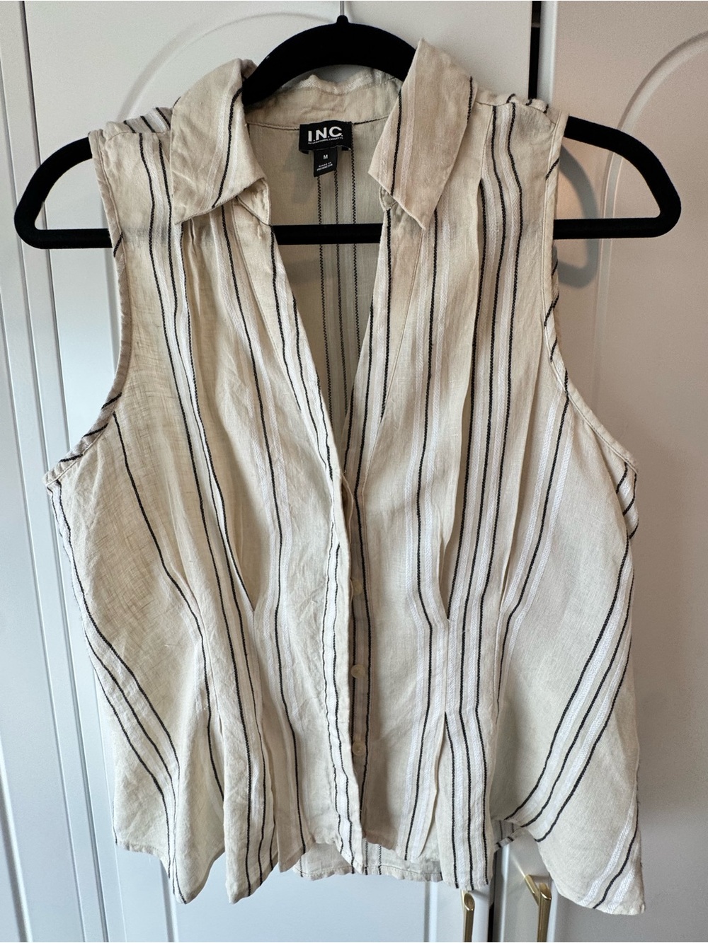 INC International Concepts Cream Striped Sleeveless Linen Button-Front Top